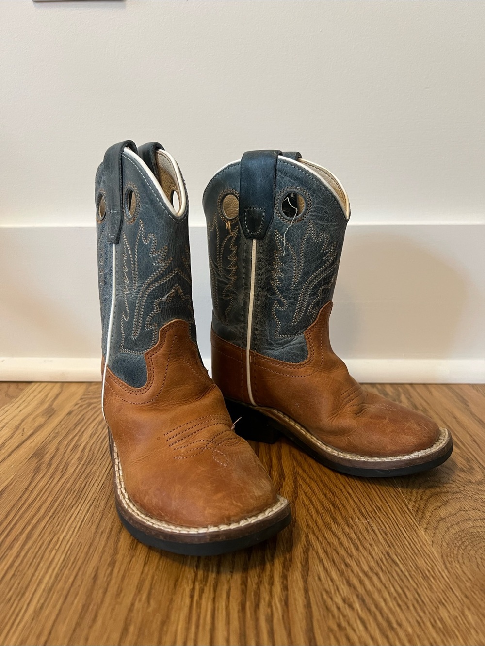 Old West Kids Two-Tone Brown and Teal Square Toe Cowboy Boots
